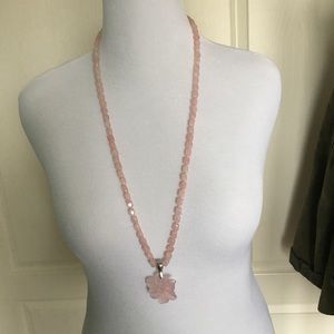 36” rose quartz necklace w/ carved flower pendant